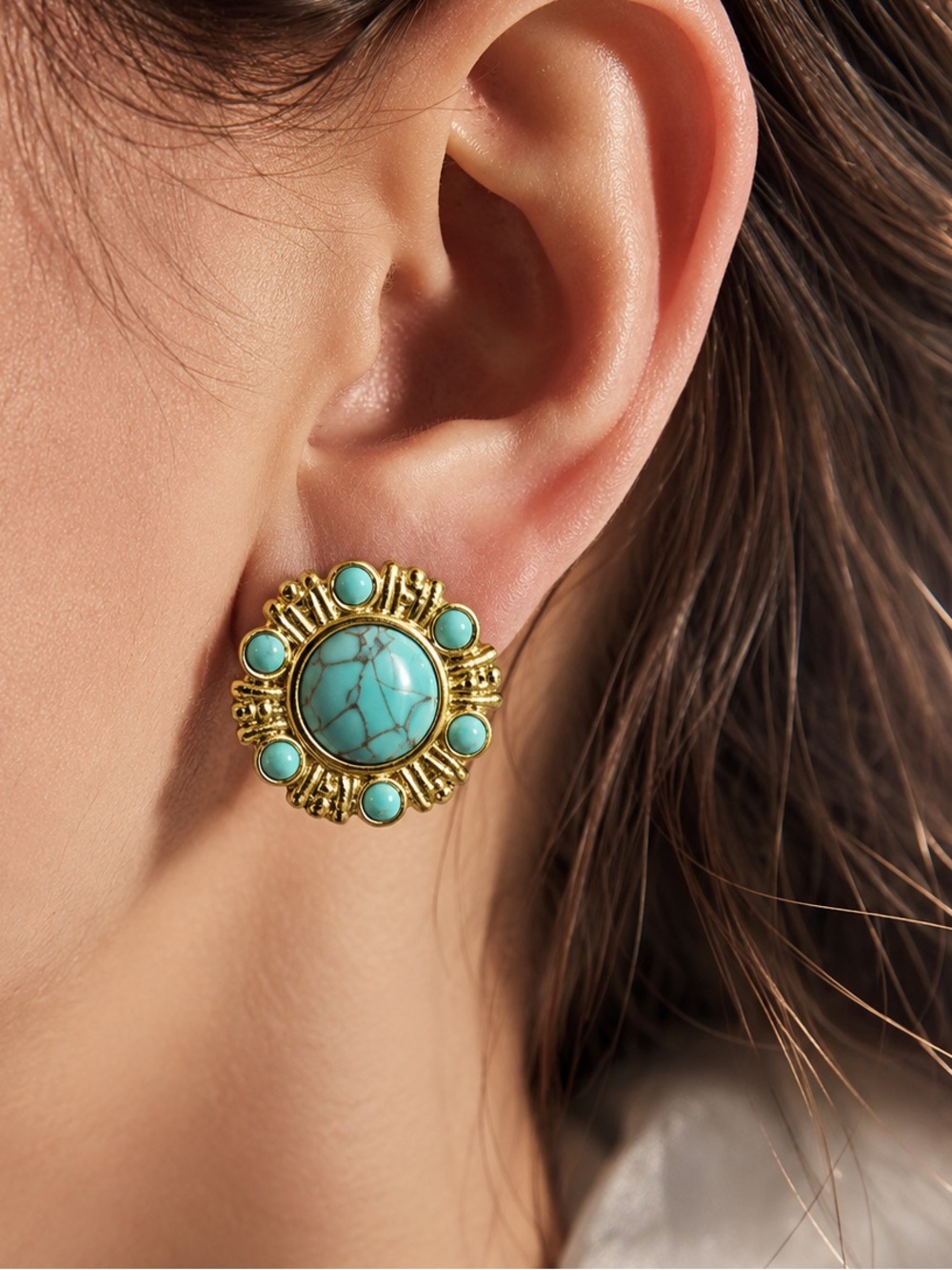 Turquoise Stud Round Earrings – Vintage Style Boho Style